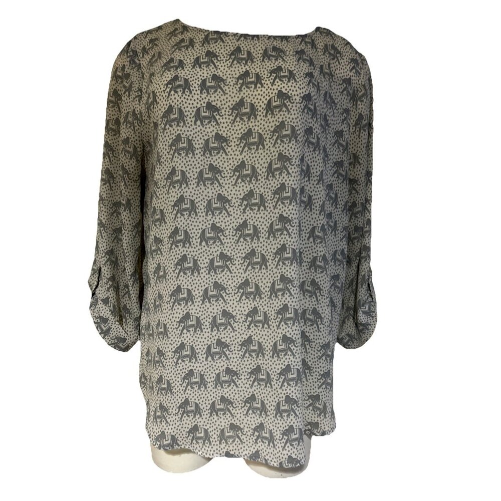 Elephant Pachyderm Print Blouse Sz L 3/4 Roll Tab Sleeve Gray Animal Tunic Top